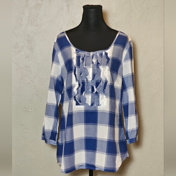 [American Eagle Outfitters] Plaid Blue & White Ruffled Neck Blouse《14》 - Picture 1 of 16